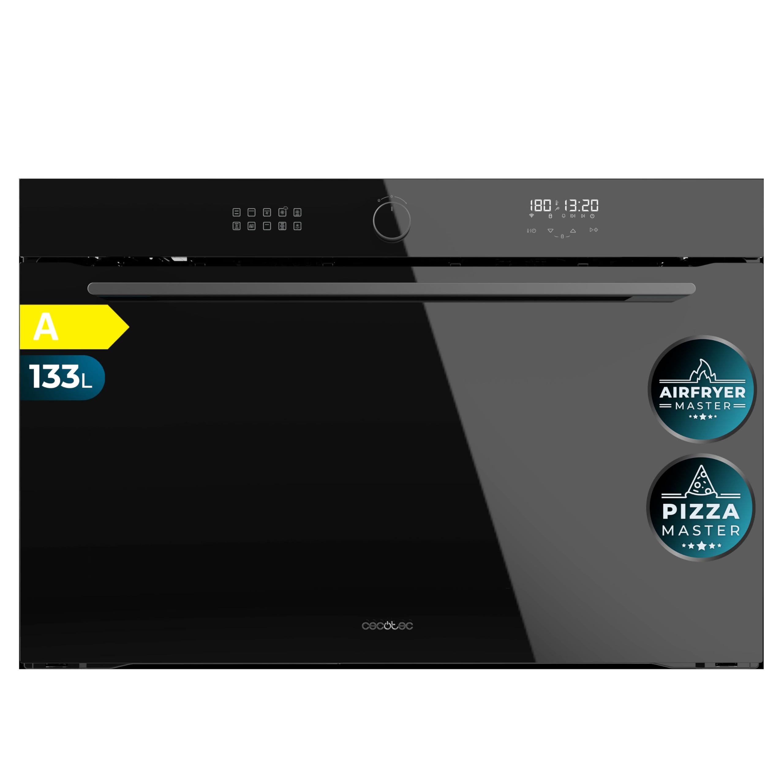 Cecotec Horno Encastrable Bolero Hexa AF319000 Glass Black A. 133 L, 11 Funciones con Función AIrFryer, Función Pizza Master, Steam Assist, Easy Clean, 5 Posiciones de Bandejas