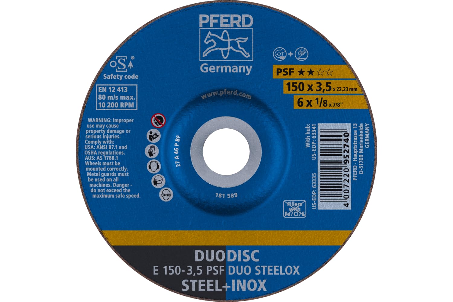 PFERD 6" PSF DUODISC STEELOX Combination Cutting and Grinding Wheel - Type 27, Aluminum Oxide, 1/8" Thick, 7/8" Arbor, 10200 RPM (Pack of 10) - Part 63335