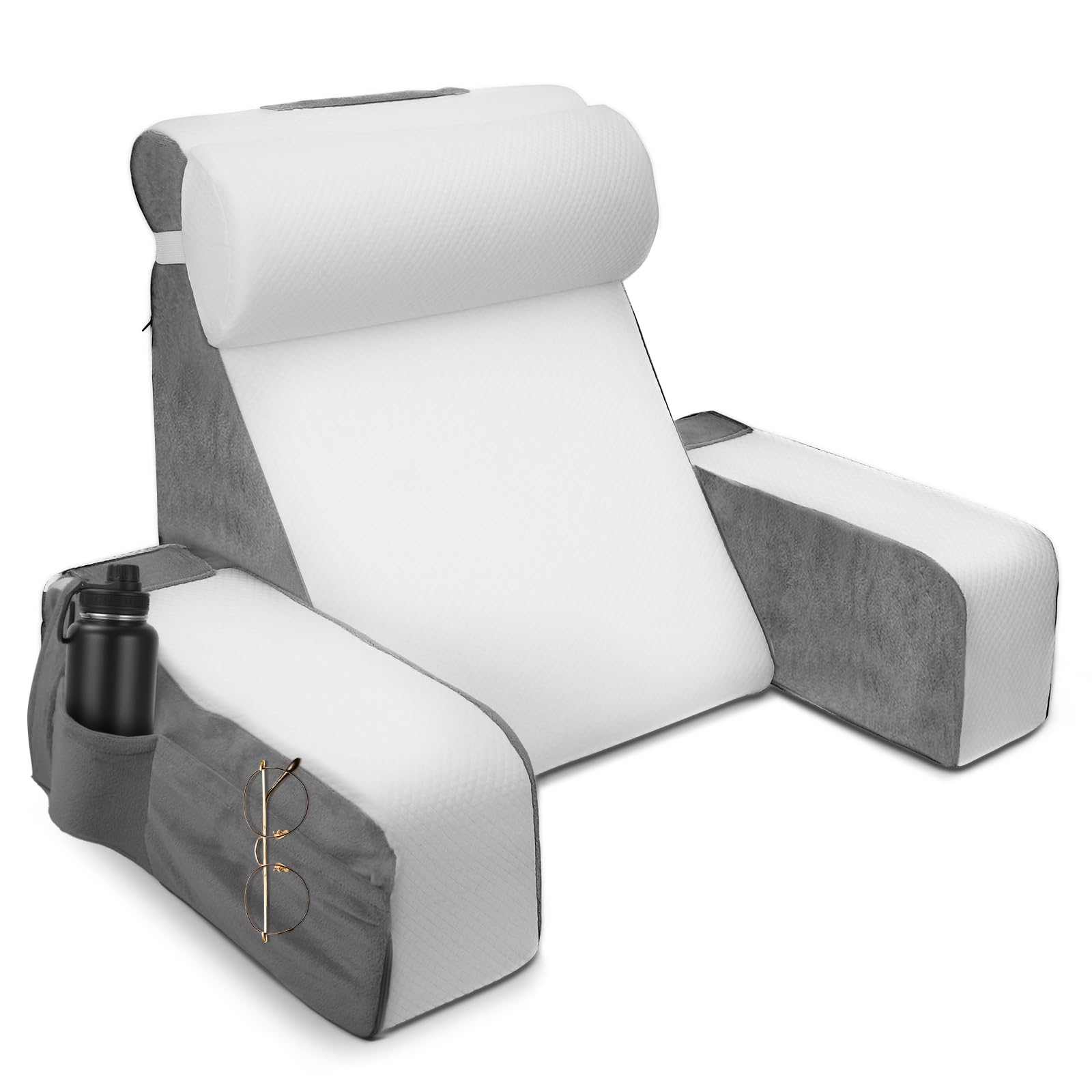 Groß Lesekissen mit Abnehmbarer Nackenrolle & Armlehne, Rückenkissen Bett, Ergonomisches Rückenkissen Rückenlehne Kopfkissen mit Arm & Tasche & waschbarem Bezug für Lesekissen zum Lesen, Fernsehen
