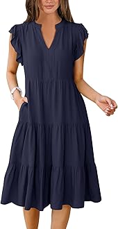 Womens Summer Dress Ruffle Sleeve V Neck Midi Dresses Fashion Casual Fit Flowy Tiered Boho Beach Vacation Sundress