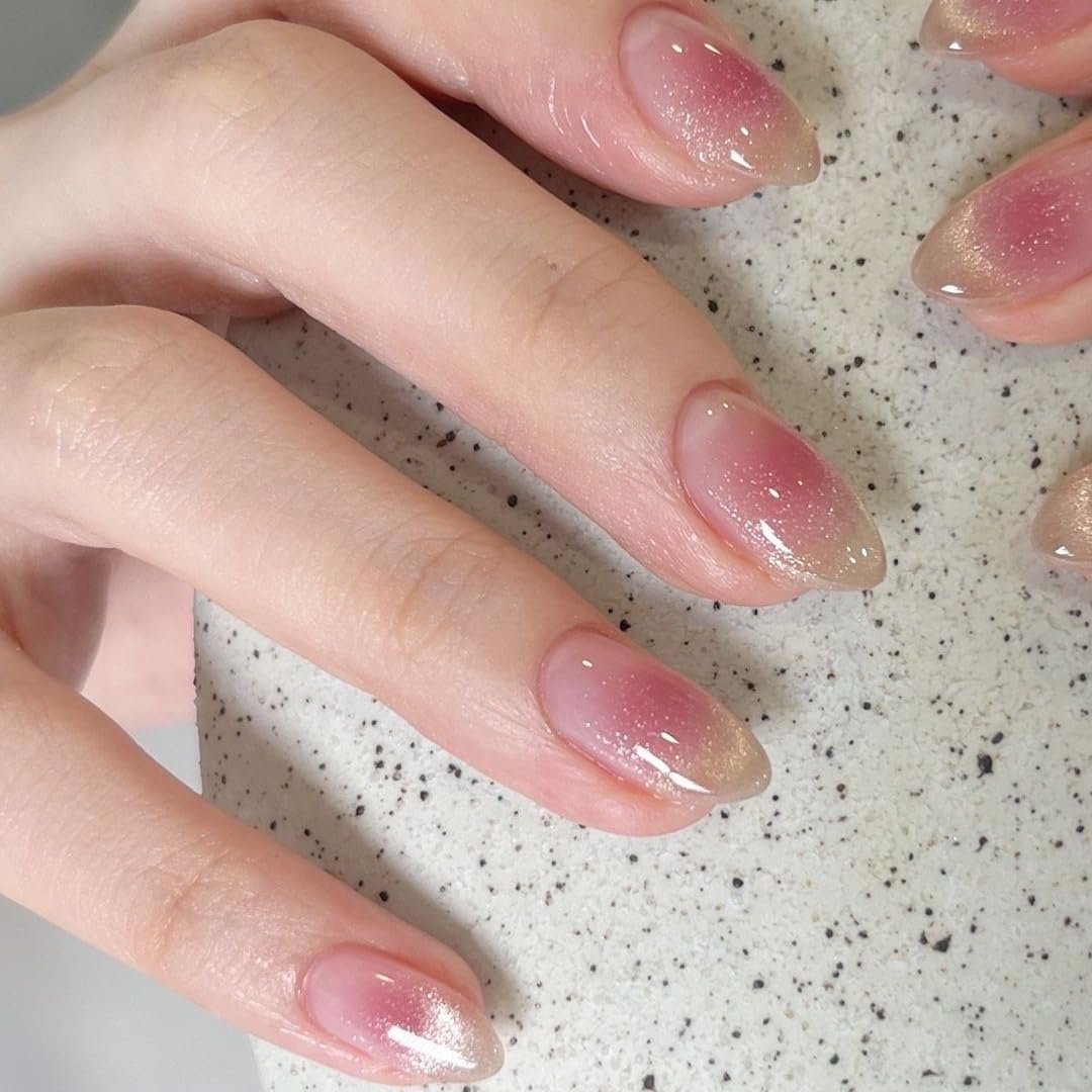SXVME Cat Eye Press On Nails Almond, Blush Ombre Pink Nails Short Stiletto, Natural Glitter Gradient French Fake Nails Press ons, Reusable Sparkly Glue On Nails for Women Everyday Wedding, 30 Pcs