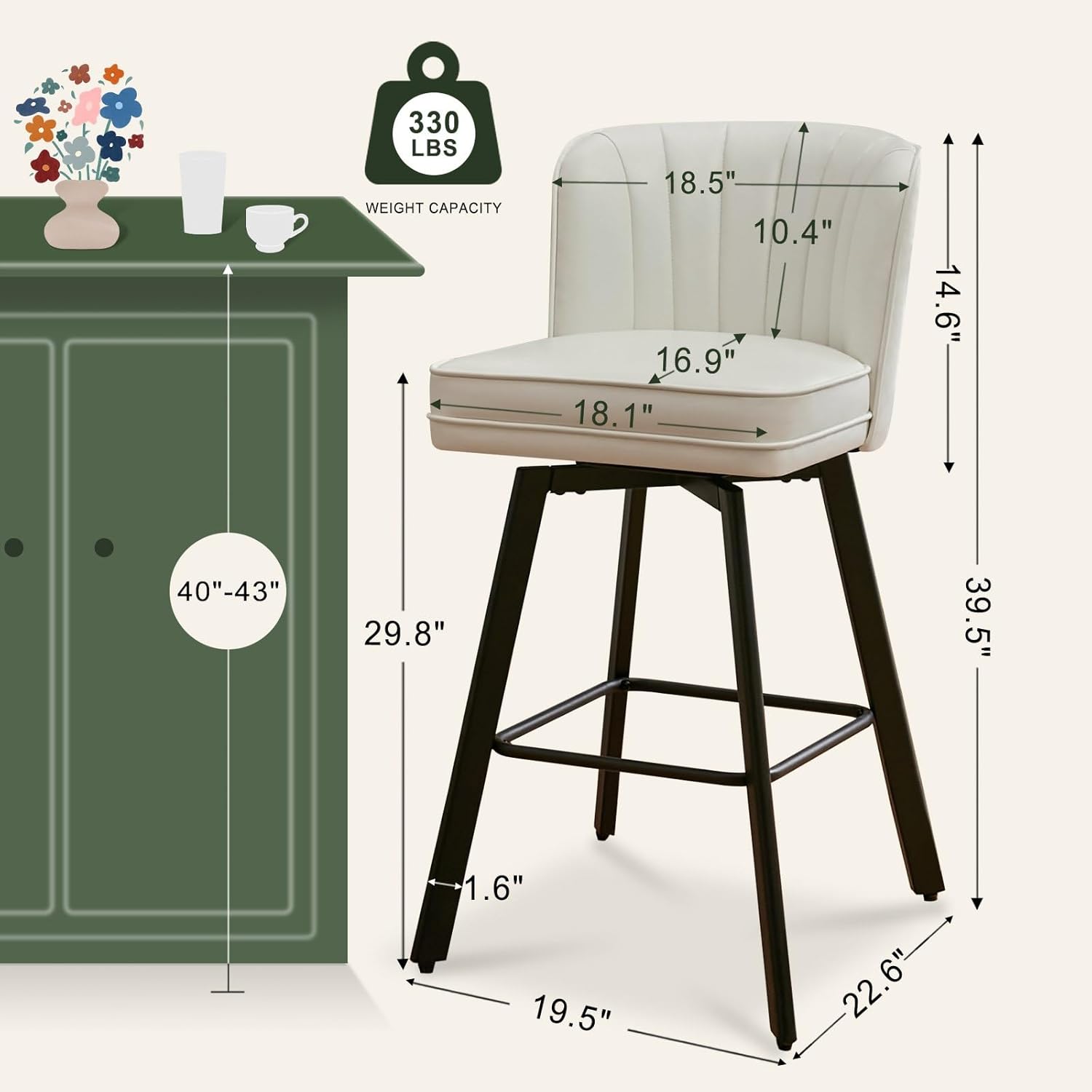 SAECKBERG Swivel Counter Height Bar Stools Set of 3, 30'' Modern Barstools with Backs and Metal Legs, Upholstered Bar Chairs, Faux Leather White Stools for Kitchen Island Chairs