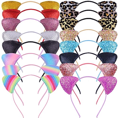 REQO 16 Pieces Cat Ears Headbands Set,Cute Glitter Cat Head Accessories