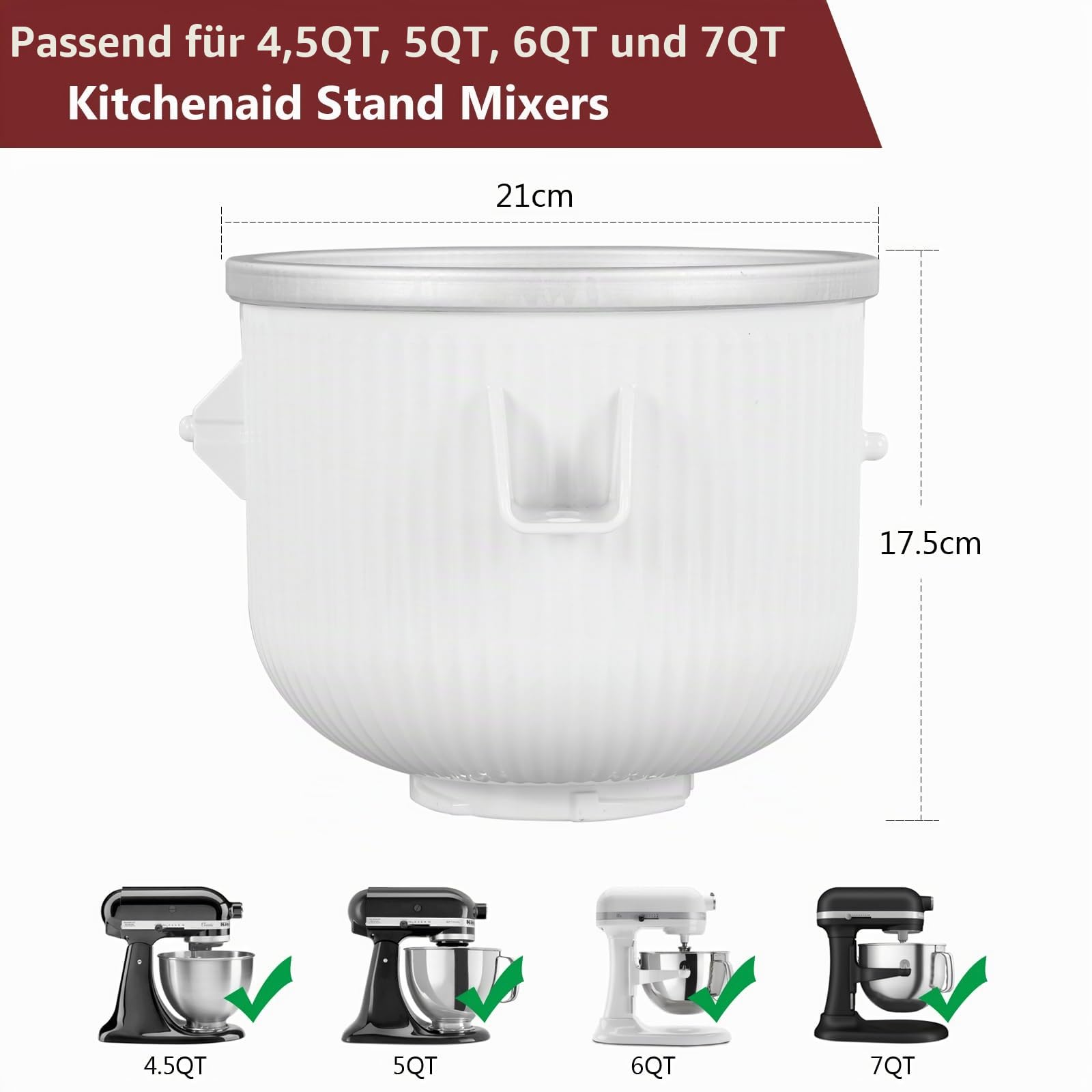 Eiscrememaschine Aufsatz für Kitchenaid, 2 Quart gefrorenes Eis Schüssel für Standmixer 4.5/5/6/7QT, Sorbet Gelato Maker für hausgemachtes Eis, Dessert, Joghurt