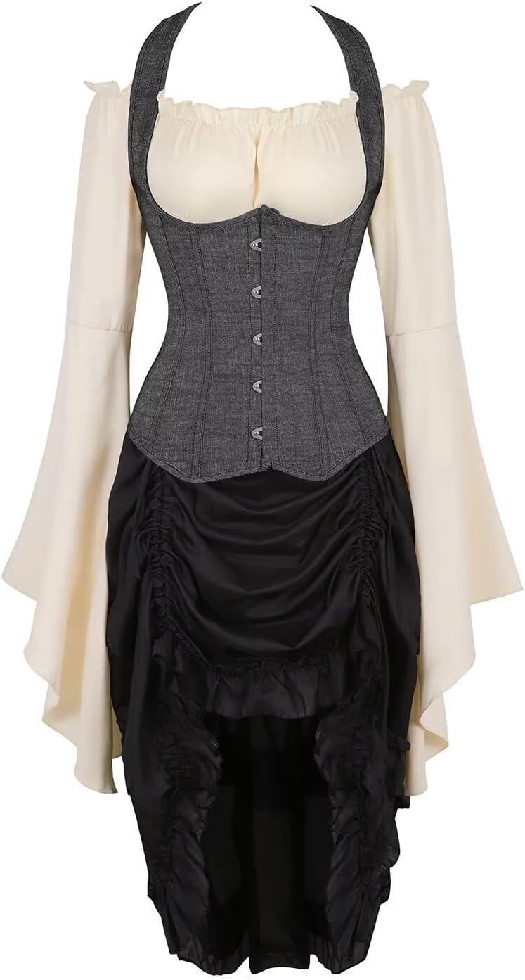Jutrisujo Underbust Corset Dress Top Straps Skirt with Tutu 3 Set Plus Size Vintage Lace up Gothic Denim Blue