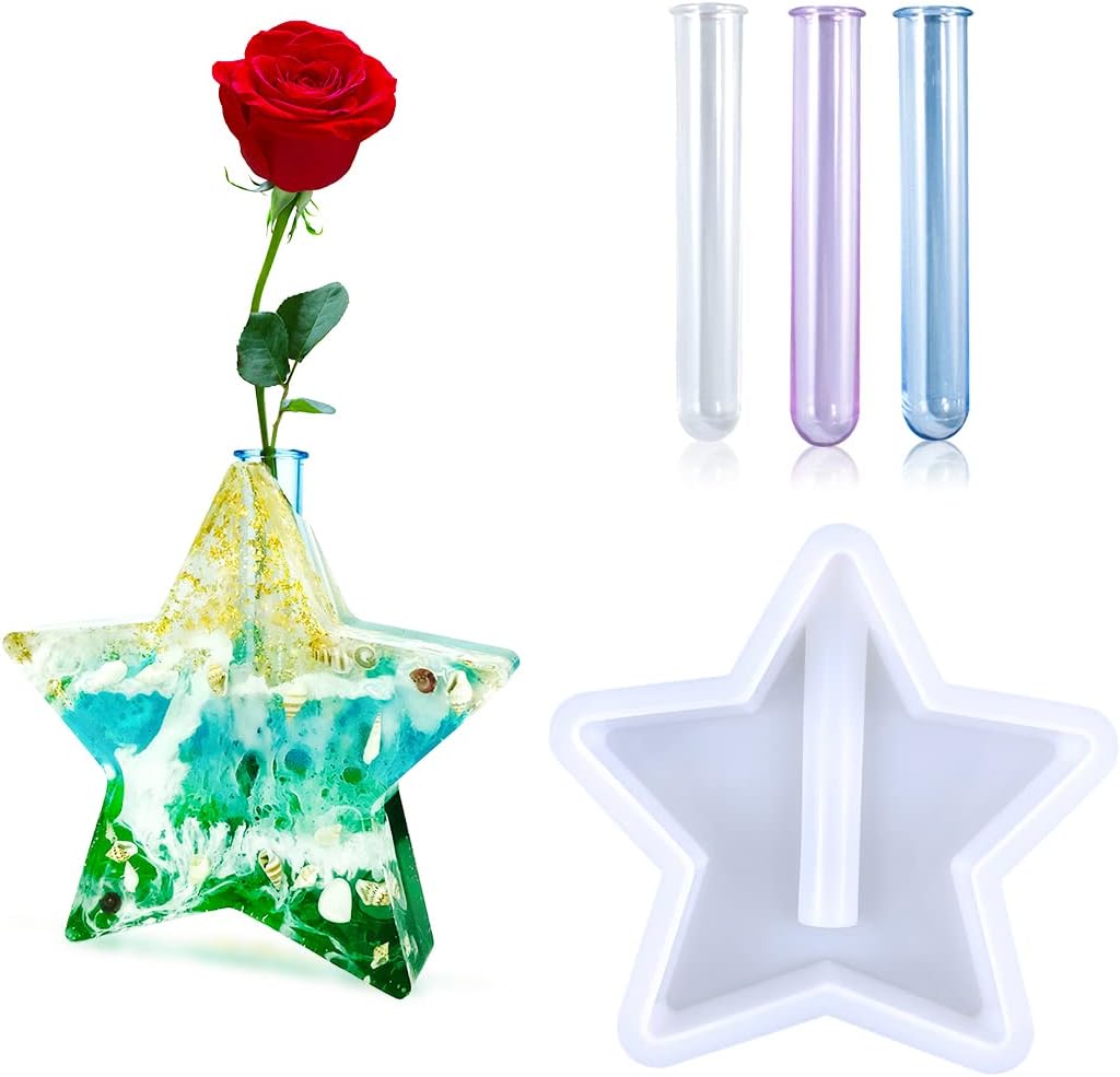 Star Vase Resin Molds Silicone for Plant Propagation Station, Pentagram Shaped Epoxy Resin Mold with 3 Test Tubes, for Hydroponic Plant, Flower Bud, Home Garden Decor