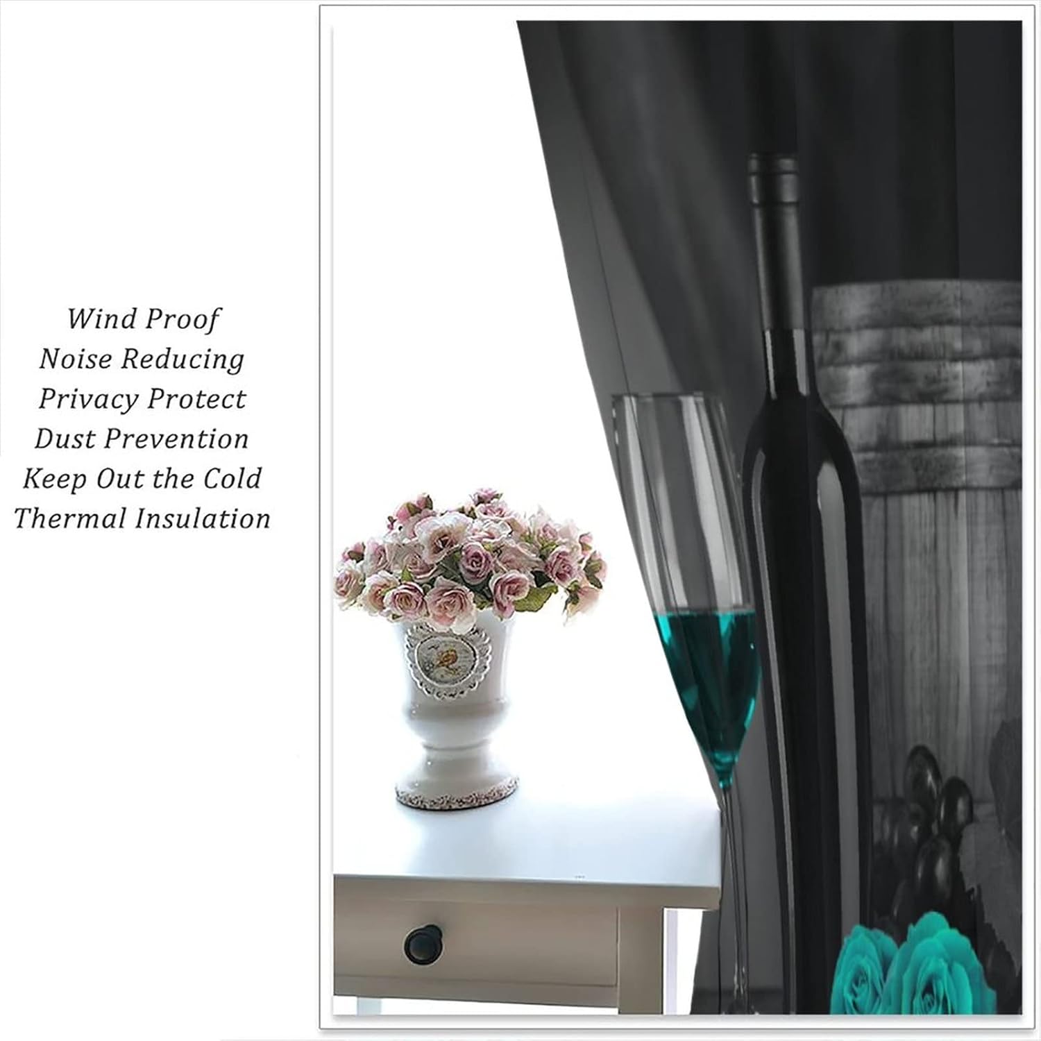 Blue Wine Blackout Curtains,Romantic Blue Rose Flower Woman Lover Window Drapes,Vintage Rustic Cellar Wooden Table Black Teal Grape Wine Curtains for Kitchen Bedroom Living Room Cafe 42x45 Inch