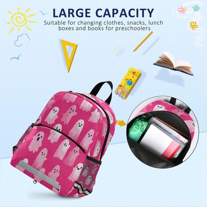 QUGRL Pink Ghosts Halloween Toddler Backpack for Boys Girls Kids School Backpack with Chest Strap Leash Preschool Schoolbag Nursery Kindergarten Bag for Daycare Travel Hiking School