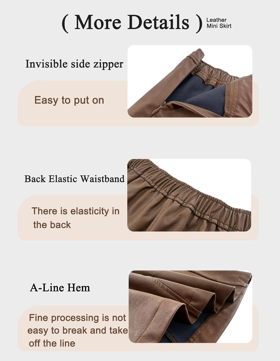 Women's PU Leather Mini Skirt Side Zipper Elastic Waistband A-Line Short Skirt - Image 5