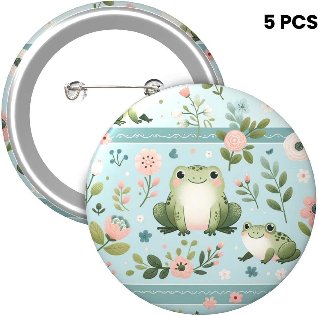 6cm Cartoon-Cute-Frogs-Flowers Laminated Pinback Buttons Pack Of 5, Round Badges With Glossy Finish And Secure Pinback