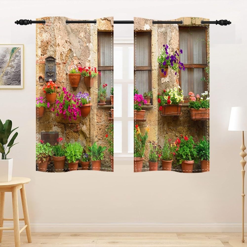 Italy Style Curtains Italian Tuscan Street Old Wall Flower Window Treatments Italy Old City Town Medieval Architecture Window Drapes for Bedroom Living Room Kitchen 2 Panel Set,21x54inch