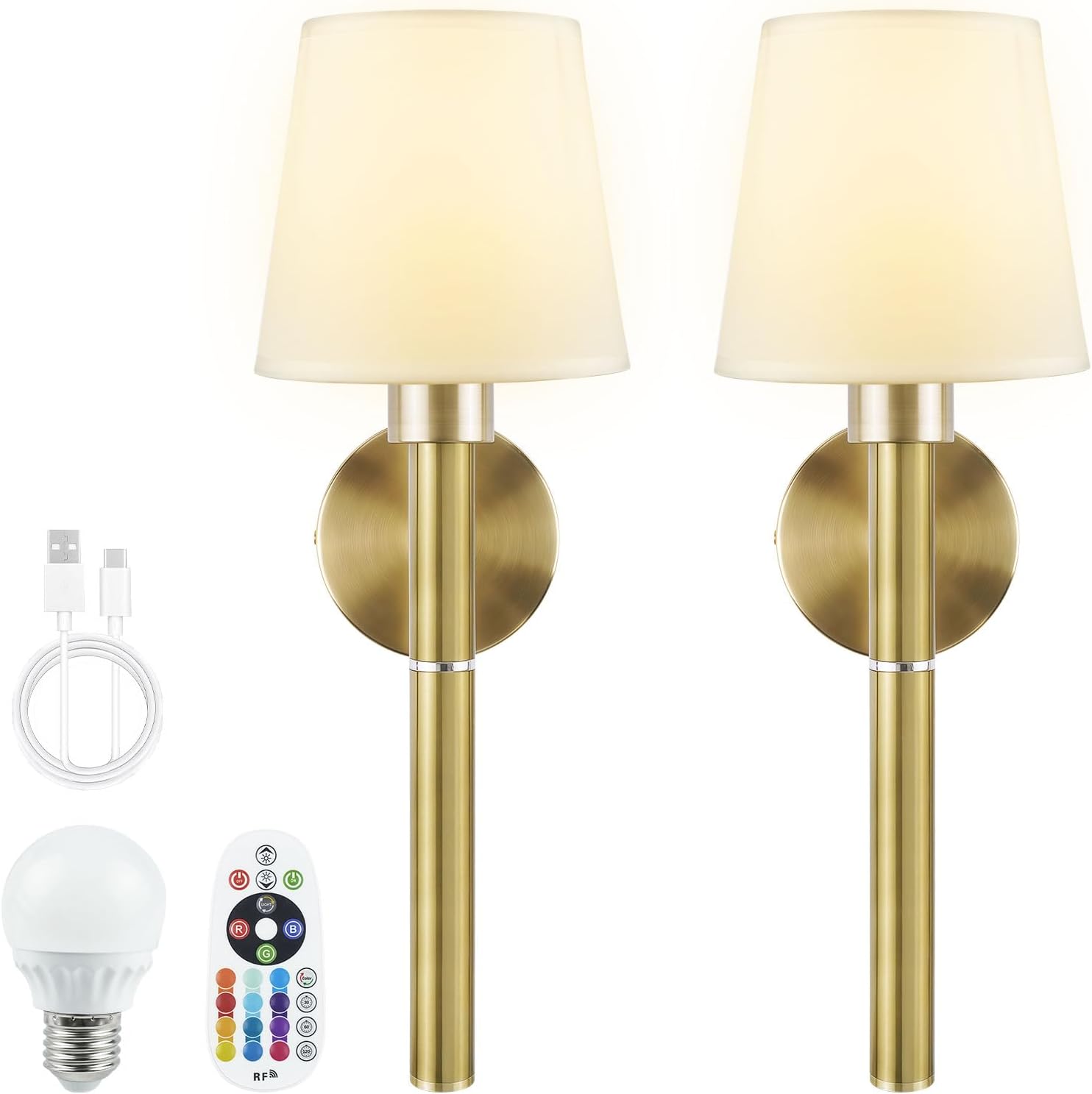 Neddie Battery Operated Wall Sconce Set of 2,Gold Rechargeable Wall Sconce,3 Dimmable Light Bulbs with Remote Control – 12-Color Wireless Wall Sconces, Ideal for Bedrooms, Living Rooms& Hallways