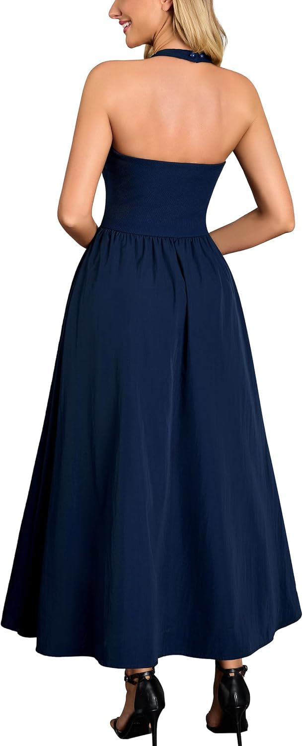 Miusol Women's Sexy Halter Neck Sleeveless V Neck Flowy Maxi Dress Casual Party Long Dress - Image 2