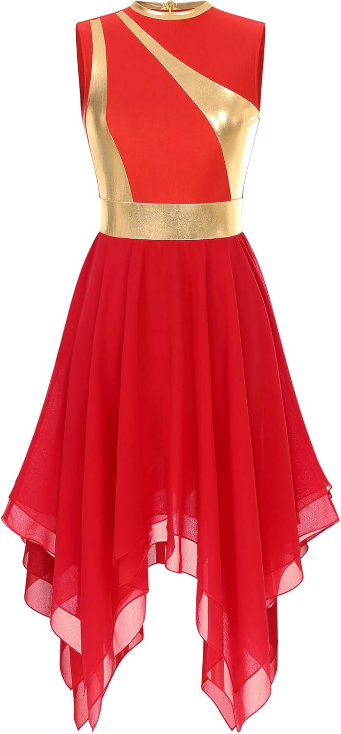 JEYPINMI Women's Praise Dress Tunic Worship Liturgical Dress Gold Color Block Lyrical Dance Costume B Rd2 3X-Large