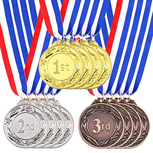 Swpeet 15PCS Metal Award Medals with Neck Ribbon, Olympic Style Winner Medals Gold Silver Brone Medals 1st 2nd 3rd Place Medals for Sports, Competitions, Party