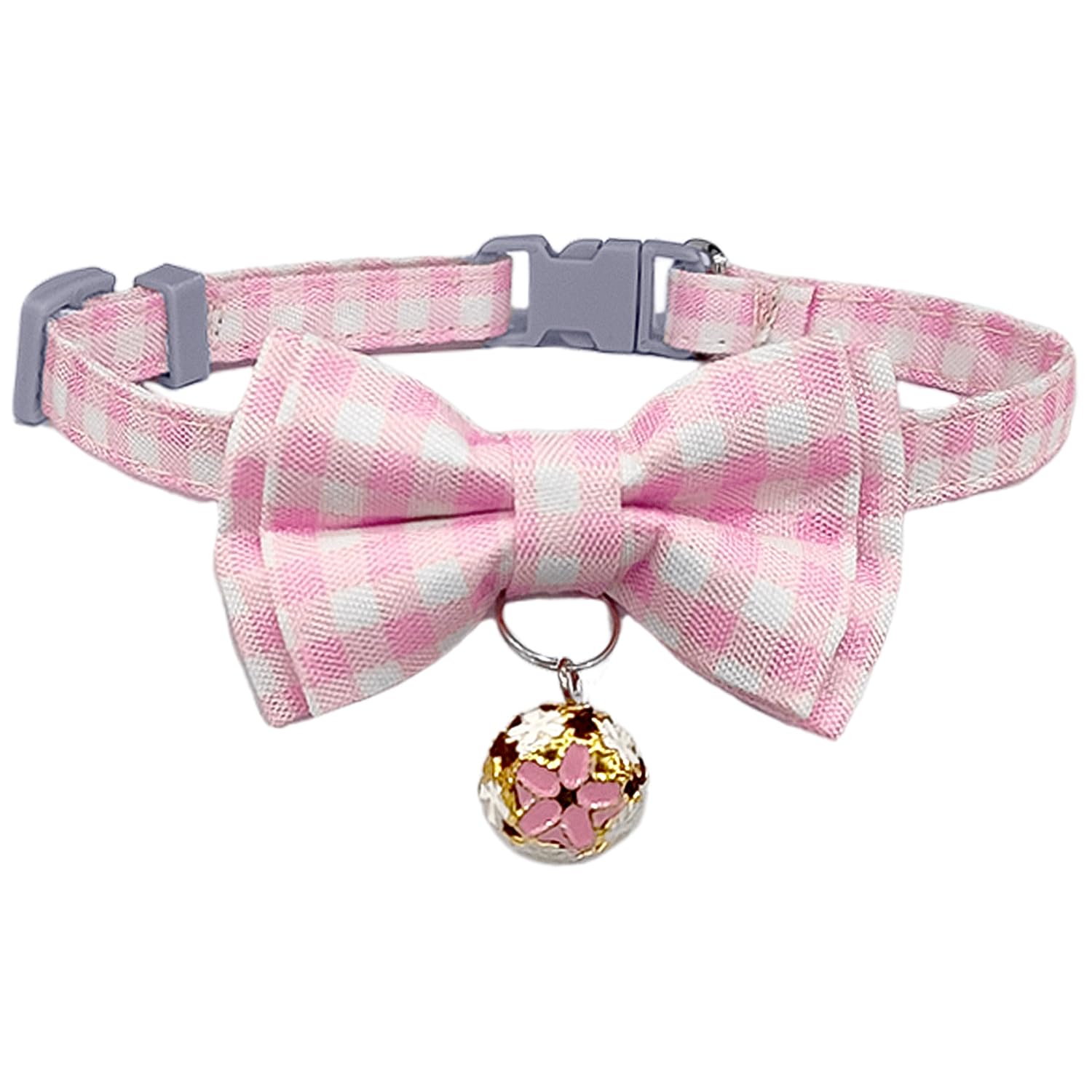 Collar para Gato con Lazo y Cascabel, Cierre Rápido, Diseño a Cuadros Rosa