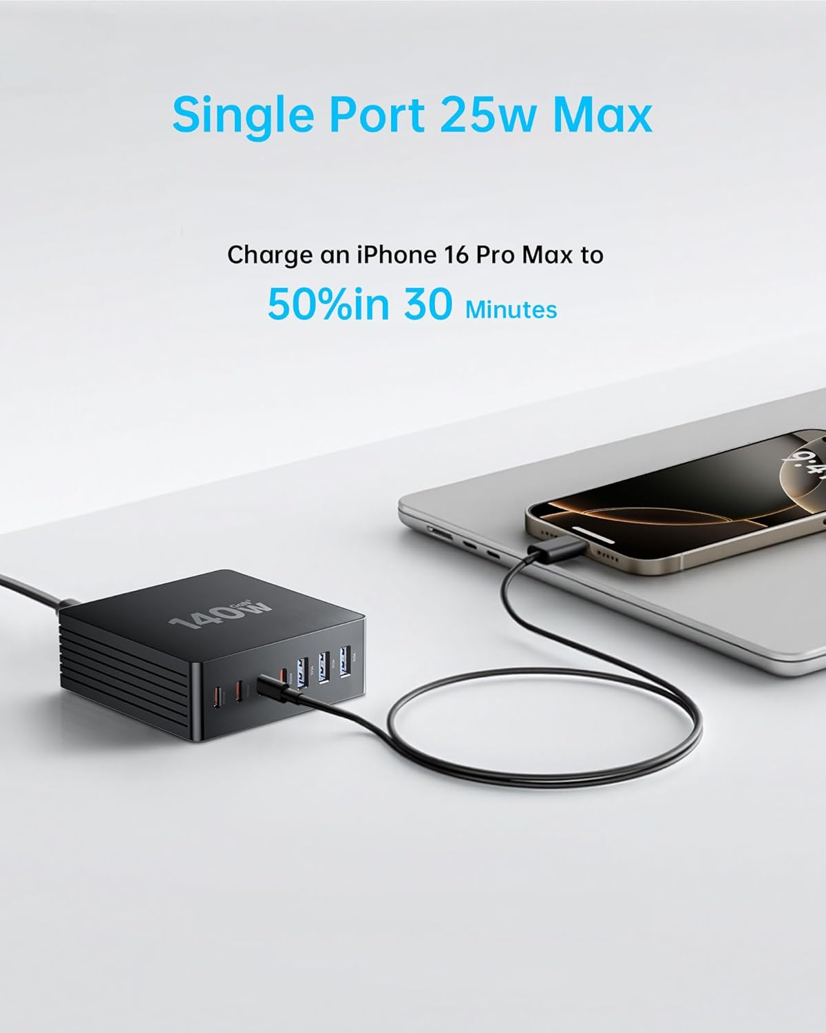 USB C Charger Block, 140W GaN III 7-Port Fast Charging Station for Multiple Devices, PD 3.0 USB Wall Charger Power Strip Charging Hub Travel Adapter Plug for iPhone Samsung Android, 2 Pack