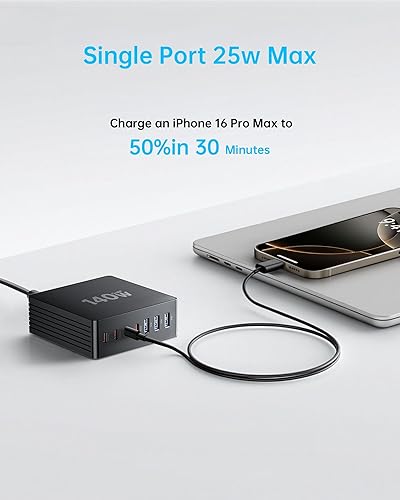 Miniatura 6 de Estación de carga USB C, estación de carga rápida GaN III de 7 puertos de 140 W, estación de carga USB PD 3.0 para múltiples dispositivos,