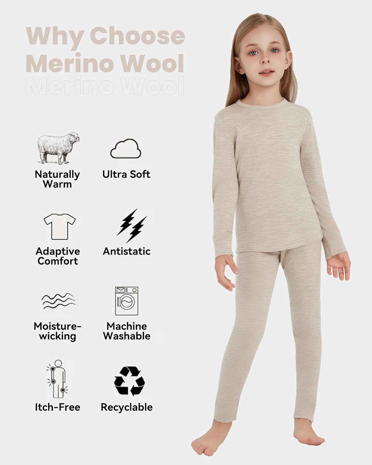 Kids Unisex 100% Merino Wool Base Layer Sets Lightweight Thermal Underwear