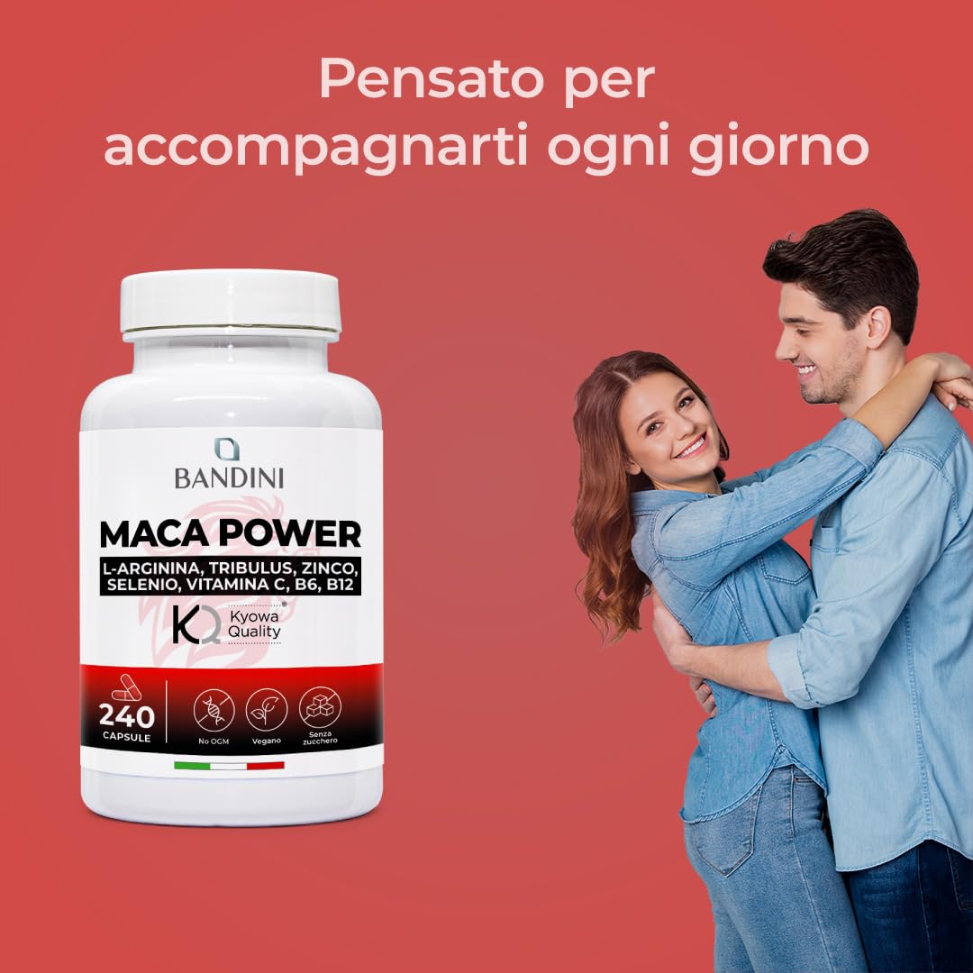 Bandini® MACA POWER 240 Capsule, Maca Peruviana 100% Vegan, Complesso ad Alto Dosaggio con Arginina Kyowa®, Tribulus, Vitamina C, Zinco, B6, B12 e Selenio, Stanchezza Fisica e Mentale, Energia, Sport