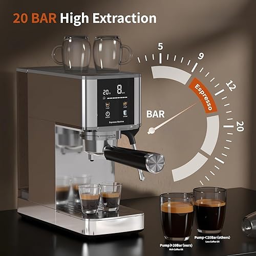 Miniatura 3 de Kismile Máquina de café expreso con espumador de leche, cafetera compacta de acero inoxidable de 20 bares con embudo de cápsulas, tanque de agua