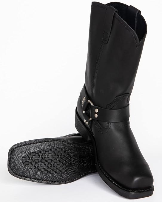 Men's Classic Western Cowboy Square Toe Boots Harness Straps Mid Calf Pull on Boots for Men PU Leather Men's Western Boots