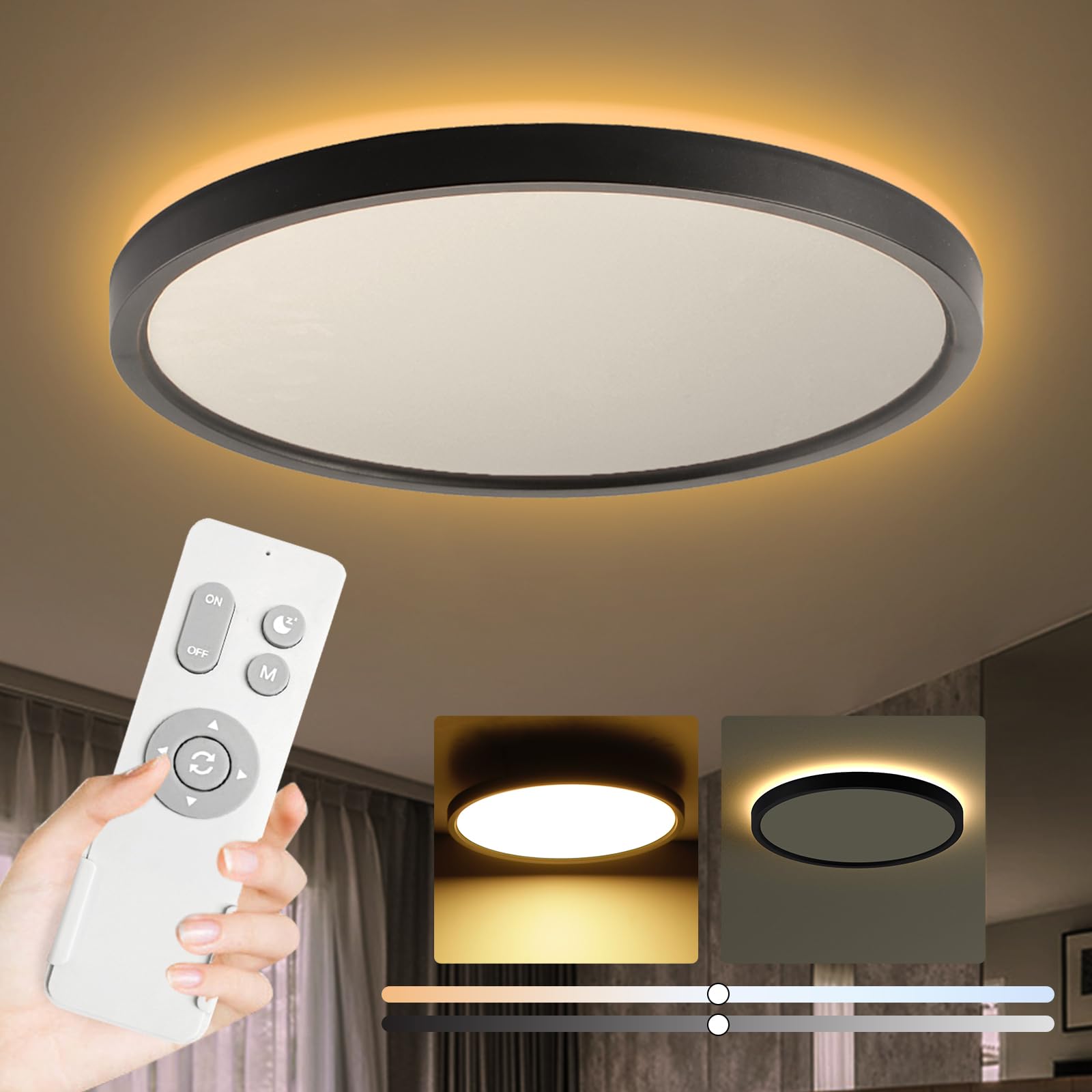 Roomratv Black Ceiling Light Fixture with Remote Control, with 3000K Warm Nightlight, 12inch 24W Flush Mount Ceiling Light, 3 Light Color Changeable, Brightness(10% to 100%) Adjustable