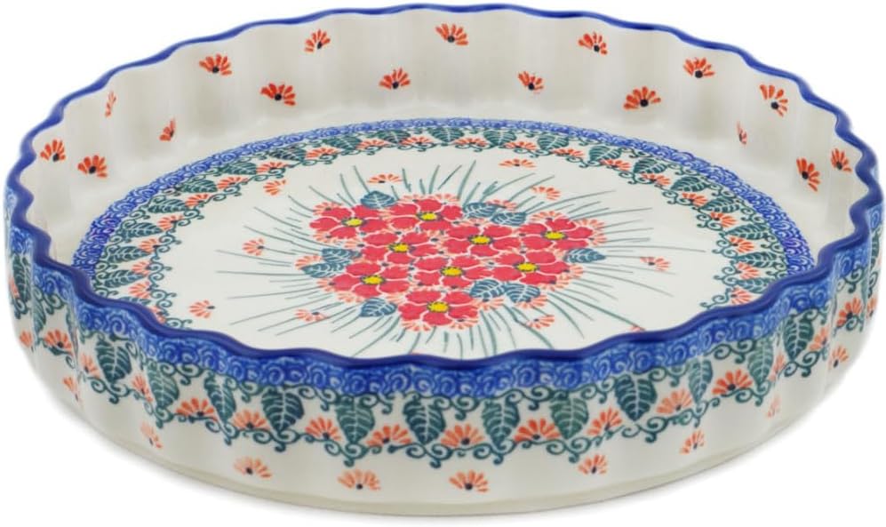 Polmedia Polish Pottery Fluted Pie Dish UNIKAT - Pink Forget Me Not Pattern Handmade in Boleslawiec Poland by Ceramika Artystyczna + Certificate of Authenticity