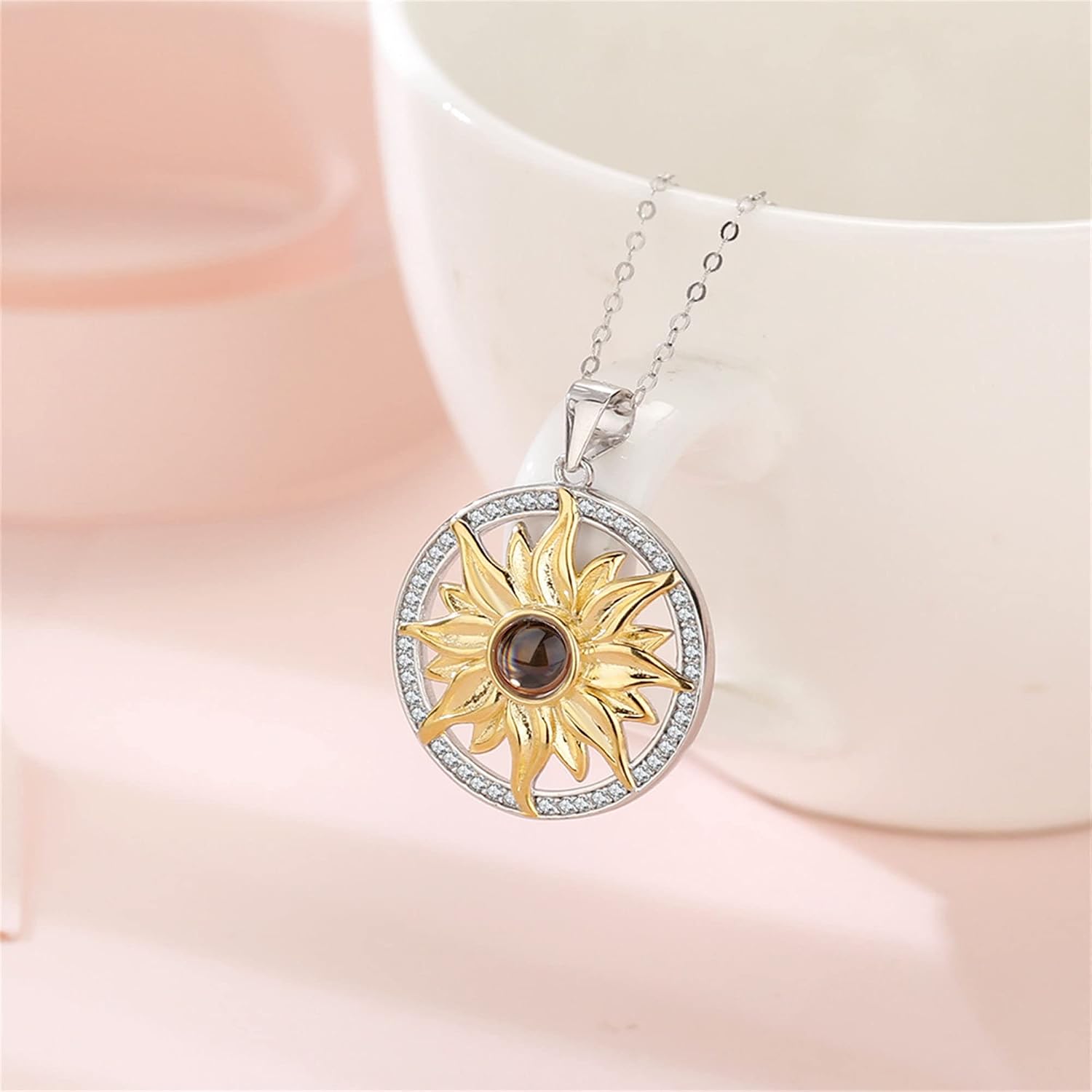 Nameinhea Projection Necklace with Picture Inside Custom Photo Sunflower Necklace for Women Memorial Necklace with Picture Mom Necklace