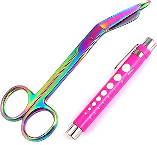AAProTools Heavy Duty Reusable Penlight + Multi Rainbow Color Nurse Doctor Lister Bandage Scissors Shears (Pink + Bandage Scissors 5.5