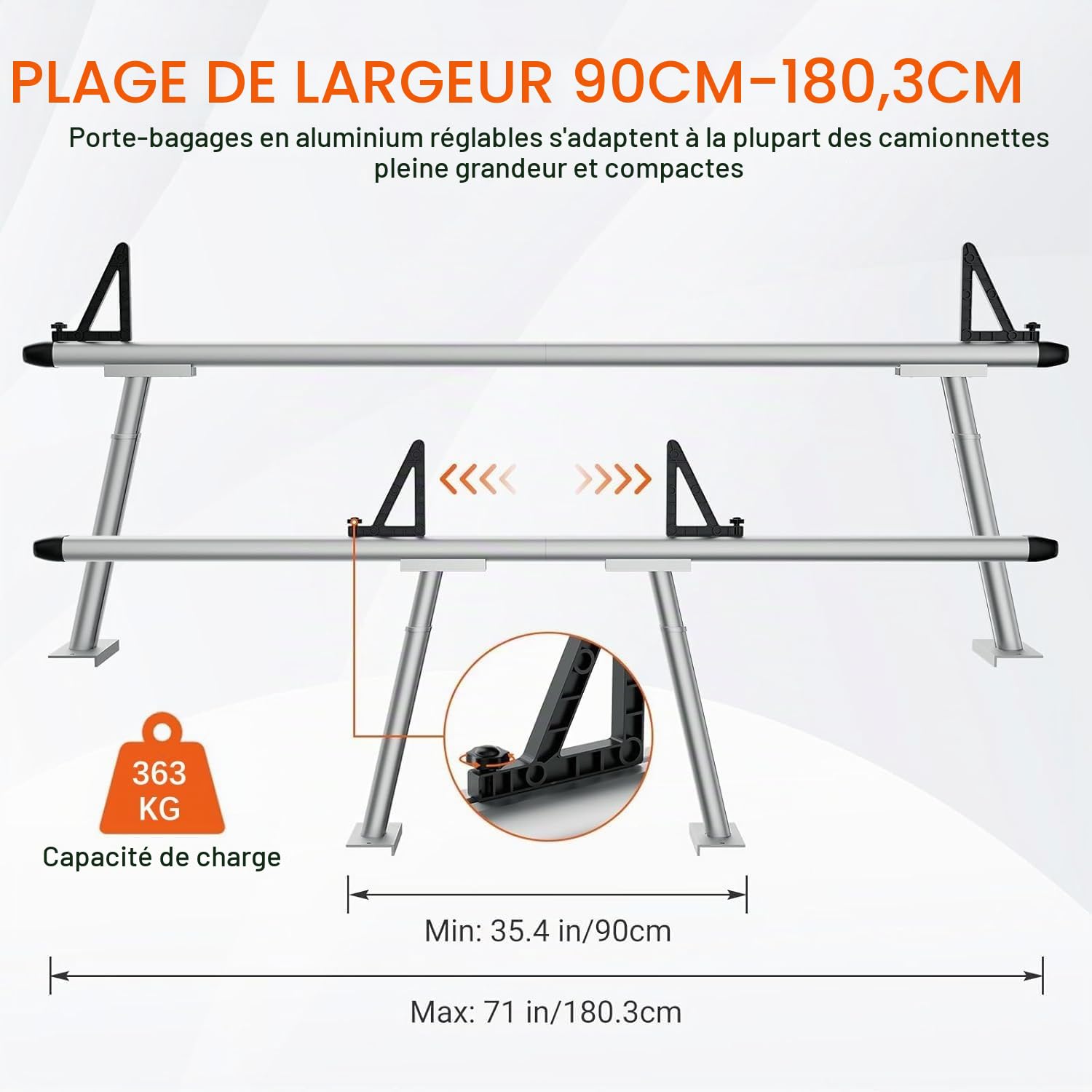 Garvee Barres de Toit pour Pick-up, Réglables 90-180,3cm, Capacité 363 kg