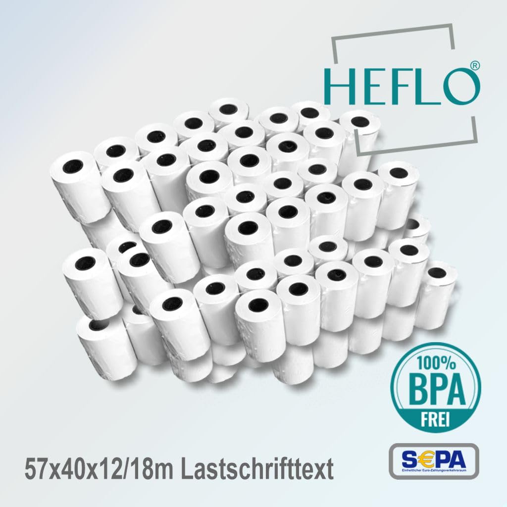 HEFLO Kassenrollen 57mm x 40mm x 12mm Kern, 18m, Ø 39mm, SEPA-Text, BPA-frei – Thermorollen für EC-Cash-Geräte, FSC Mix, Rote Endmarkierung, 100 Stück