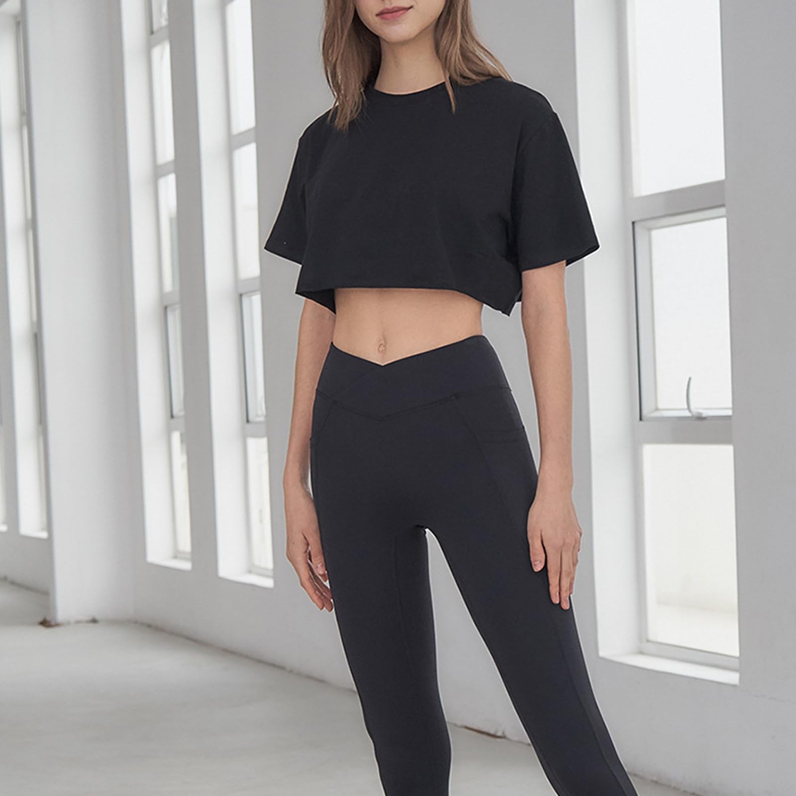 Damskie Sportowe Topy Slim Fit PrzycięTe Topy Do Jogi T Shirt Cover Ups,Black,M