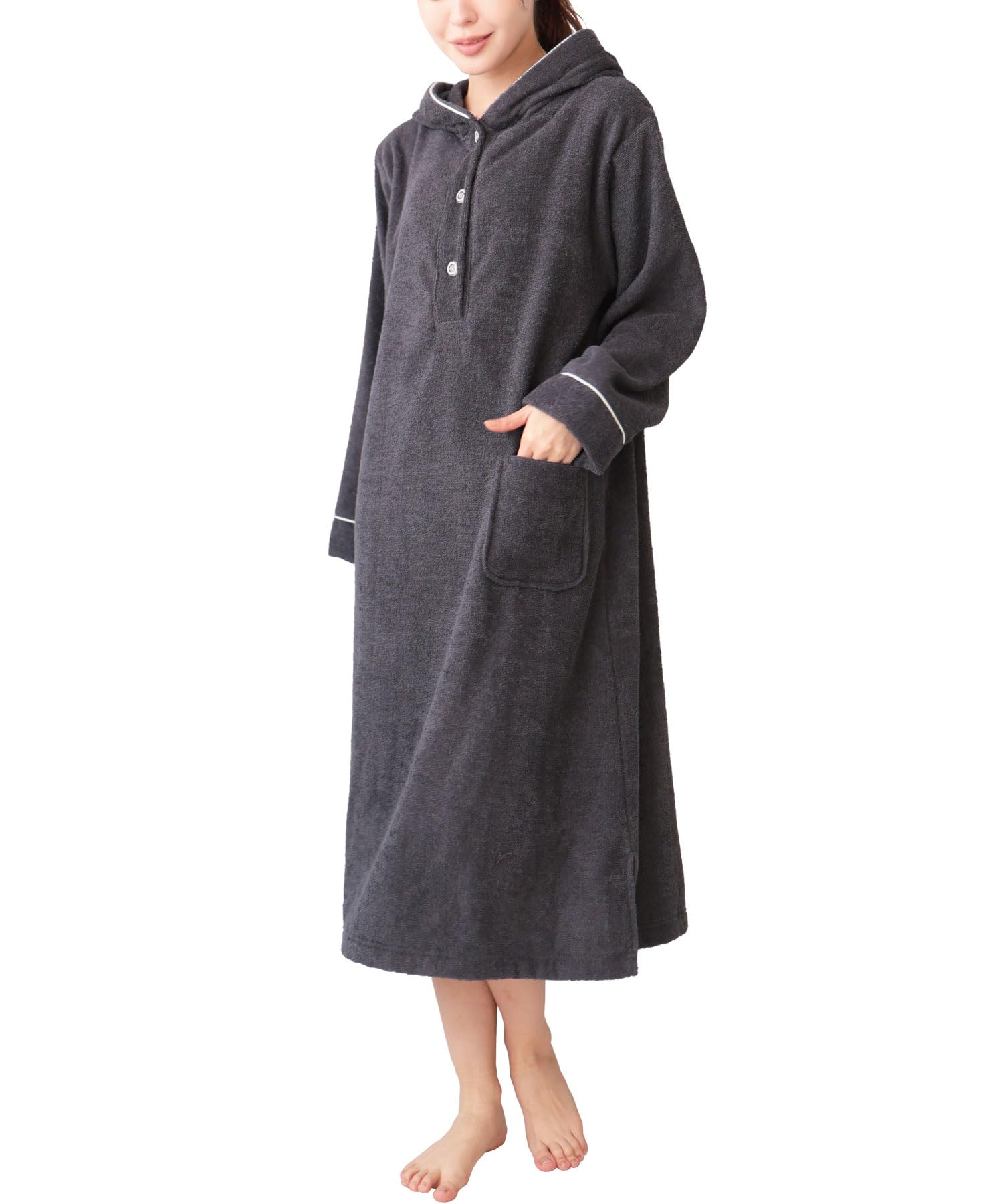 ON NISHIKI Women's Hooded Bathrobe, 100% Cotton, Towel Fabric, Skin Friendly, Absorbent, Quick Drying, One-Piece Wear, Poncho, Room Wear, Loungewear, Front Opening Button, One Size Fits Most charcoal