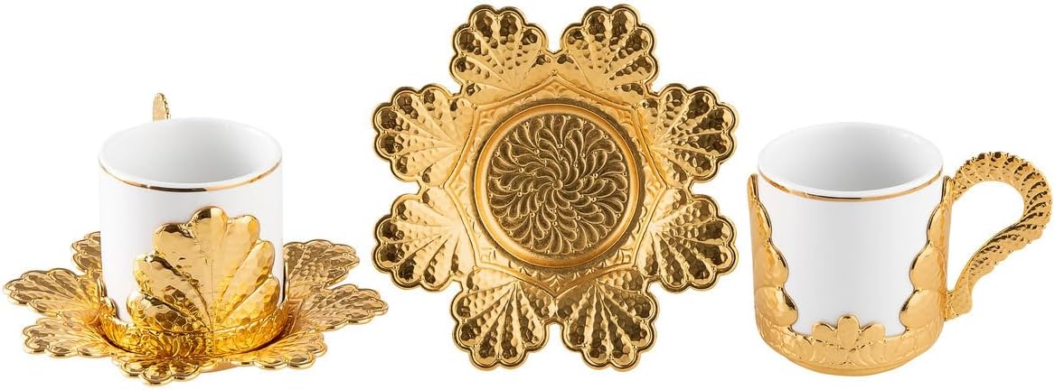 SODEF Coffee Set Gold Plated 6 Person Turkish Coffee Set Porcelain Modern Design 18 Piece Set for Home, Office, Special Occasions, 3 fl oz Cups - Gold, One Size