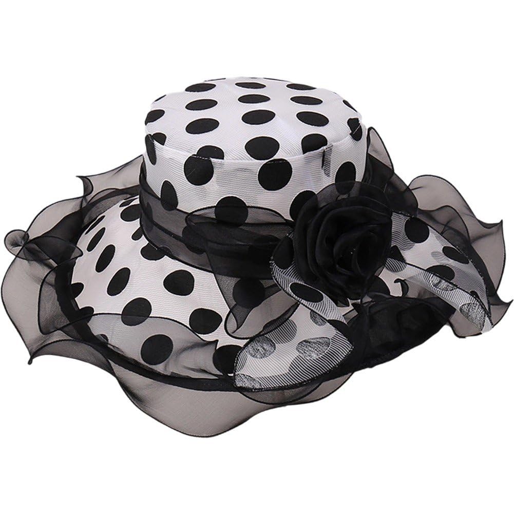 Fituenly Organza Sun Hat for Women, Church Dress Hat Fascinator, Wide Brim Polka Dots Bridal Tea Party Wedding Hat