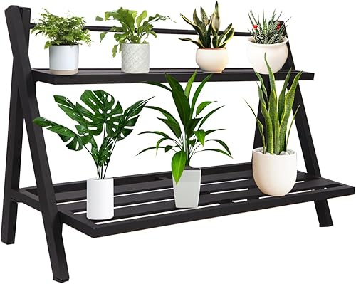 DHYGOTFUR Soporte para plantas para interiores y exteriores, estante de aluminio de 2 niveles, soporte múltiple para macetas, soportes de metal para