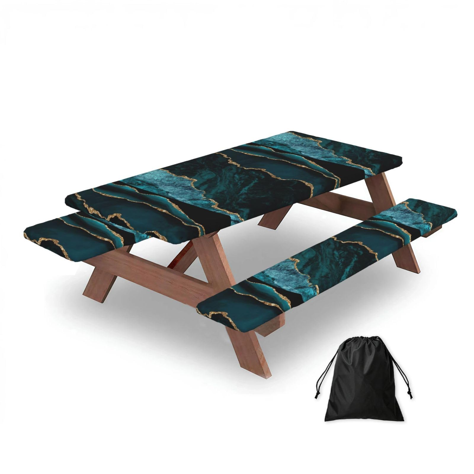Dopklna As Picture Teal Emerald Marble L And Scapes, Picnic Table Cover With Bench Covers -Waterproof Elastic Fitted Tablecloth For Garden Camping Patio 76X152cm
