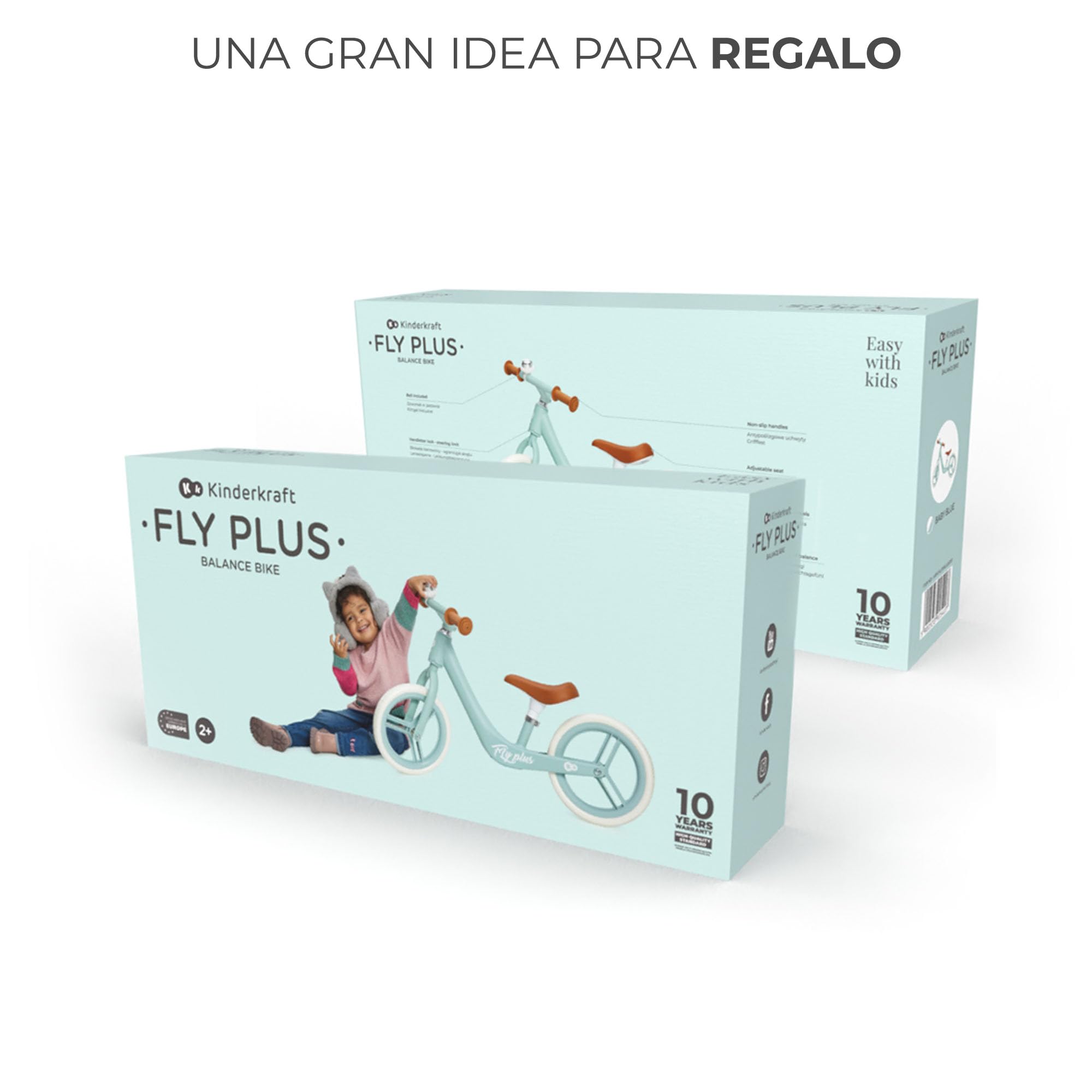 Kinderkraft Fly Plus 2 Bicicleta sin Pedales, Bicicleta Niño 2 años, Bicicleta 2 Ruedas, Bicicleta de Equilibrio, Sillín Ajustable, con Accesorios, con Freno, Ruedas Grandes, 35 kg, Azul