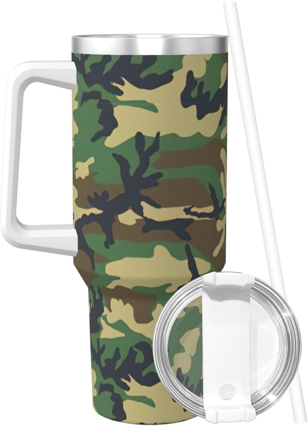 40 OZ Green Military Camo Print Ice Bully Cup with Handle Straw Lid Straw,Stainless Steel Tumbler Coffee Cup