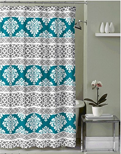 Teal Grey White Embossed Fabric Shower Curtain: Geometric Damask and Moroccan Design w/ Hooks