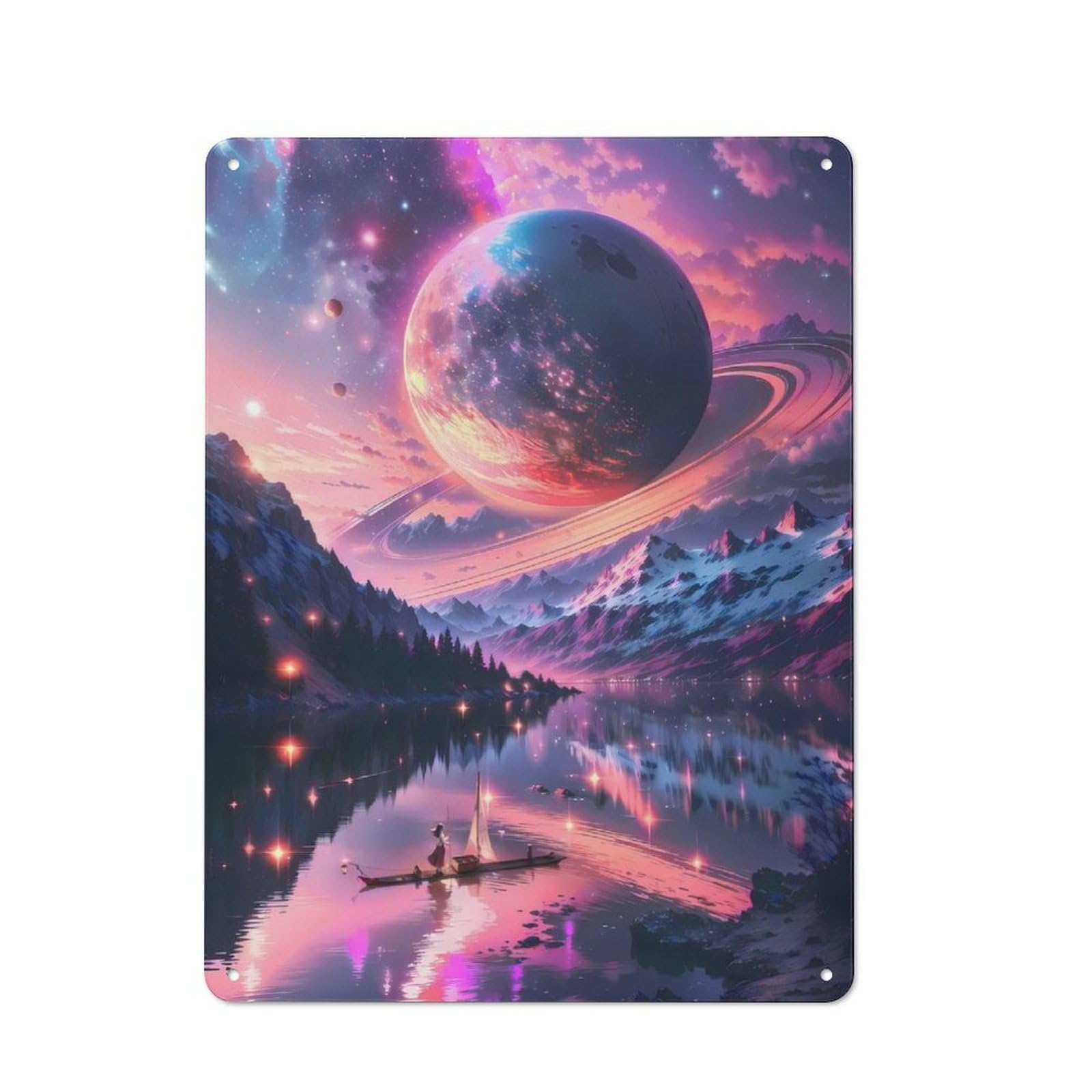 Junmoney Mystical Pink Saturn Rustic Metal Plaque 40X30cm For Guest Room Or Hallway, For Home Interiors, Feature Walls And Decorative Displays