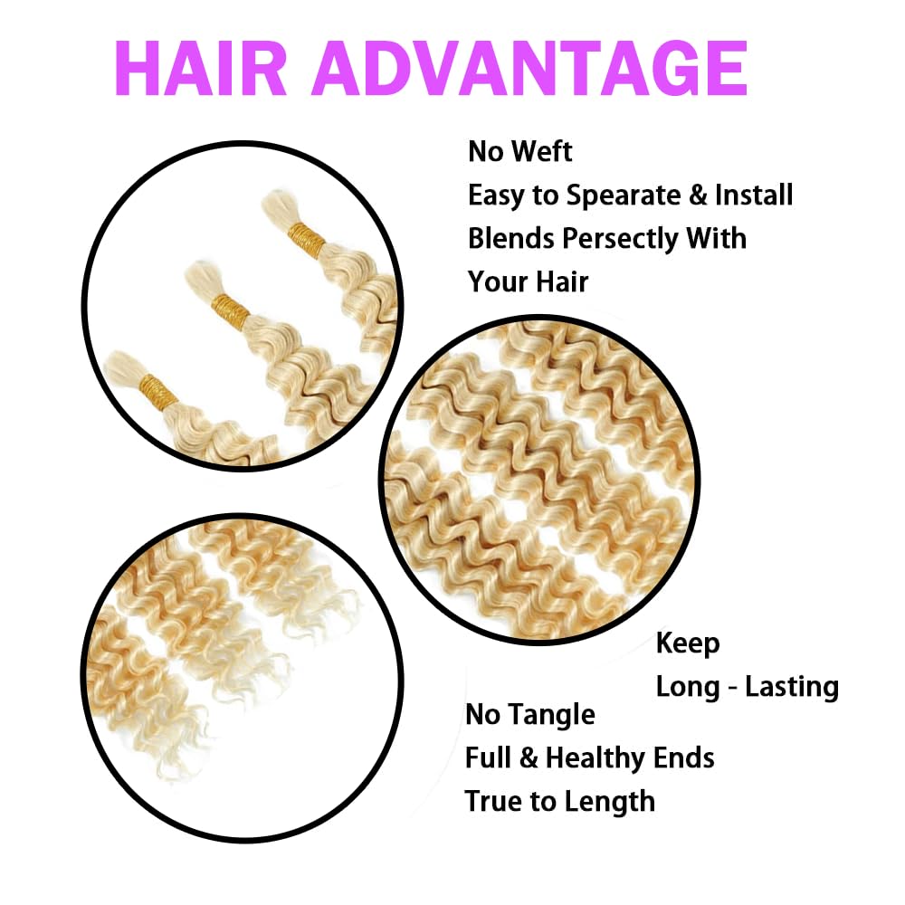 Human Braiding Hair Deep Wave Bulk Human Hair Braiding 150g/Pack 24 Inch Color613 10A Brazilian Virgin Human Hair No Weft Curly Braiding Extensions for Boho Braids (#613, 24,150g)