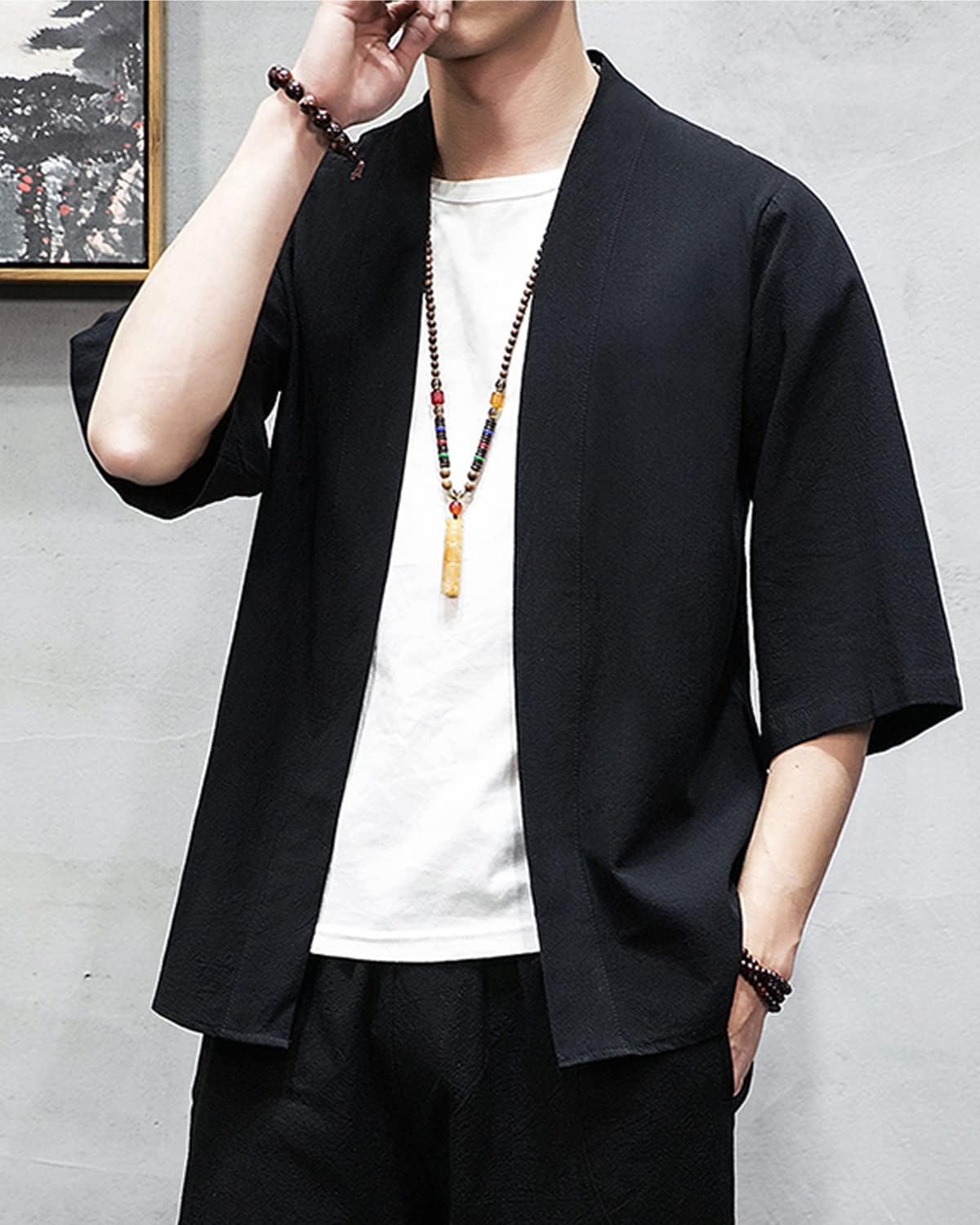 Men's Japanese Kimono Cardigan Loose Cotton Linen 3/4 Sleeve Open Front Casual Summer Shirt Jackets - Image 7