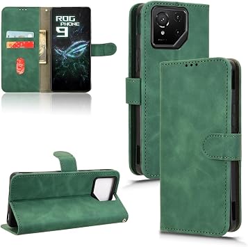 Wallet Case for Asus ROG Phone 9 Case with Card Holder,Flip Case PU Leather Phone Wallet Case with Wrist Strap Shockproof Protective CoverGreen