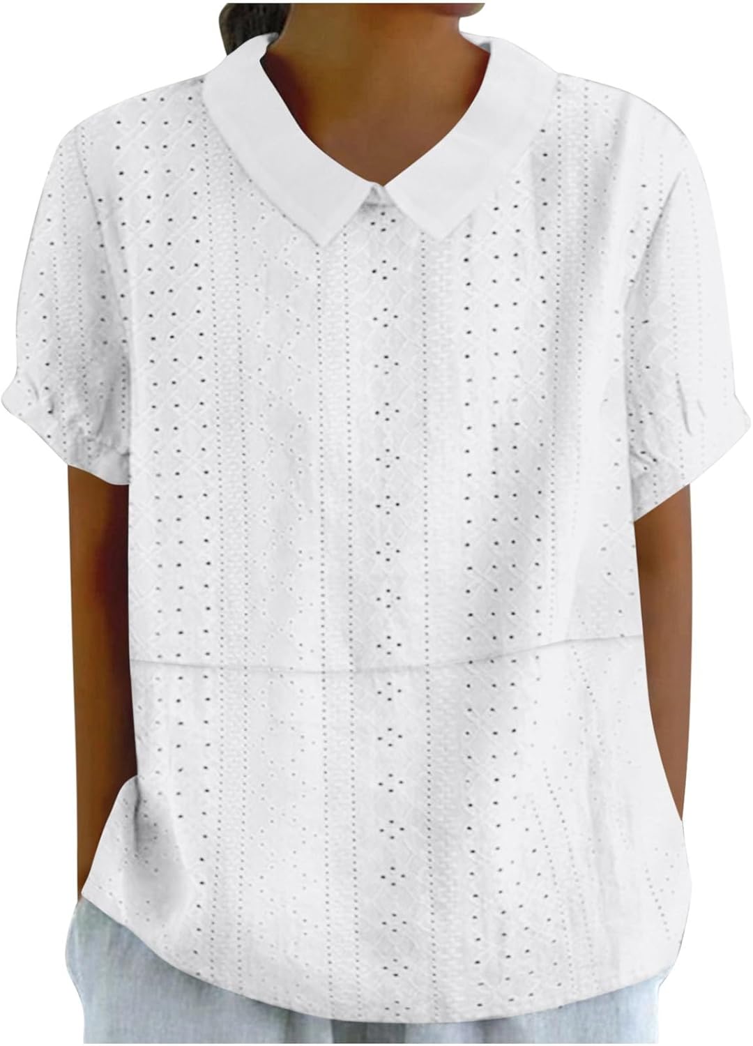 HAOLEI Summer Tops for Women UK Sale Clearance Elegant Eyelet Embroidery T-Shirt Collared Short Sleeve Casual Loose Tee Shirts Blouse Plain Solid Fashion Work Tunic Top Ladies