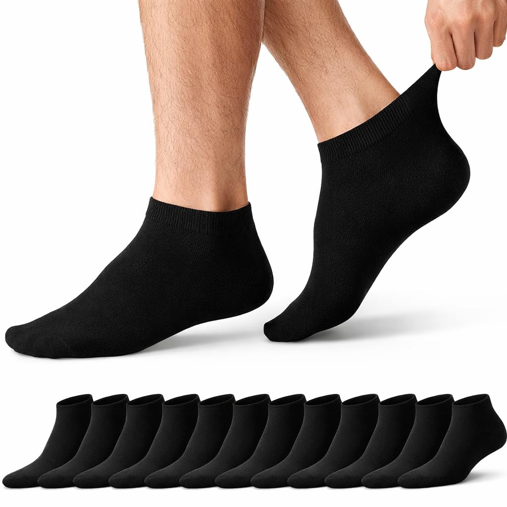 Prohike Trainer Socks, Cotton Rich, Breathable, Cushioned, Ankle Length, for Running, Gym & Everyday Wear, 12 Pairs, Men & Women (Black 6-11 (Men))