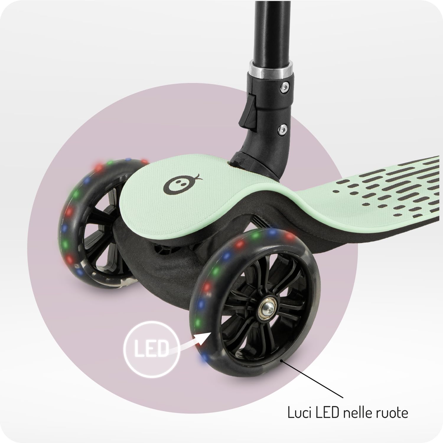 Monopattino bambini 3 ruote MoMi SAN 2 in 1, manubrio regolabile (60/66/72 cm), pieghevole, ruote LED con cuscinetti ABEC-7, freno a pedale, leggero 2,7 kg