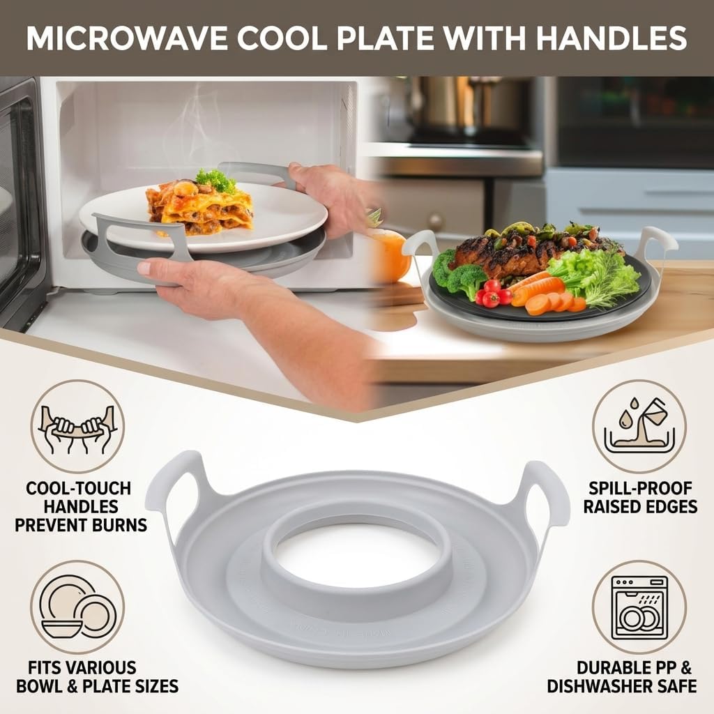 4PCS Microwave Cool Plate with Handles Heat Resistant Bowl Holder Spill Proof Microwave Carrying Tray for Hot Bowls Plates Soup Meals Dishwasher Safe