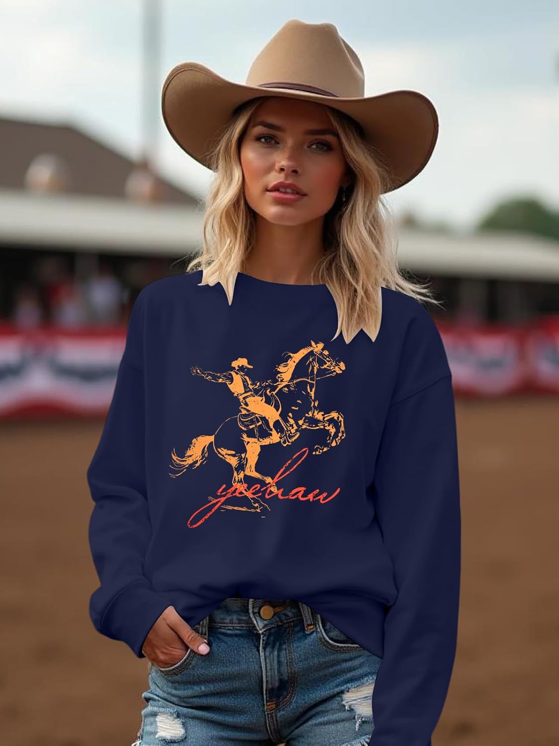 FASHGL Western Sweatshirts for Women Rodeo Cowgirl Sweatshirt Vintage Cowboy Graphic Shirts Country Concert Long Sleeve Shirt - Image 2